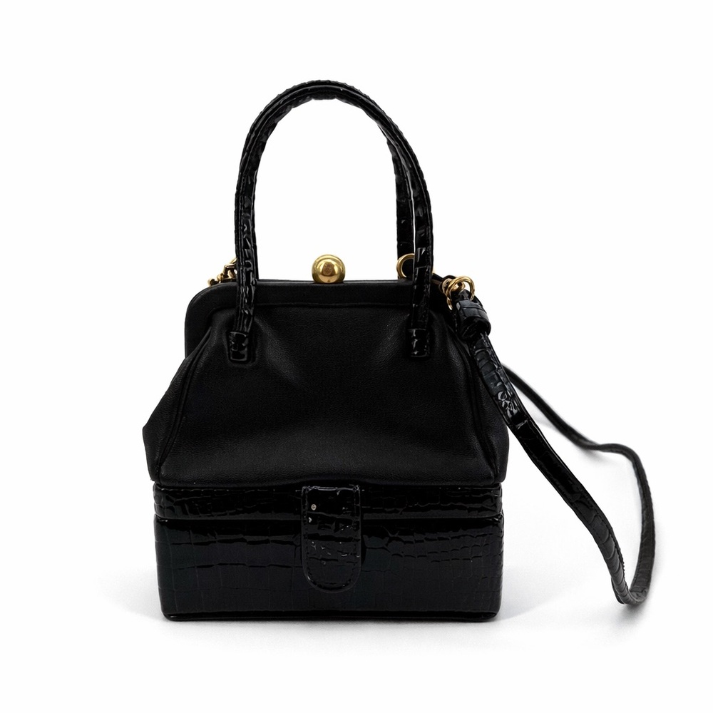 Vintage Small Black Top Handle Crossbody Purse Faux Leather Croc Mirror